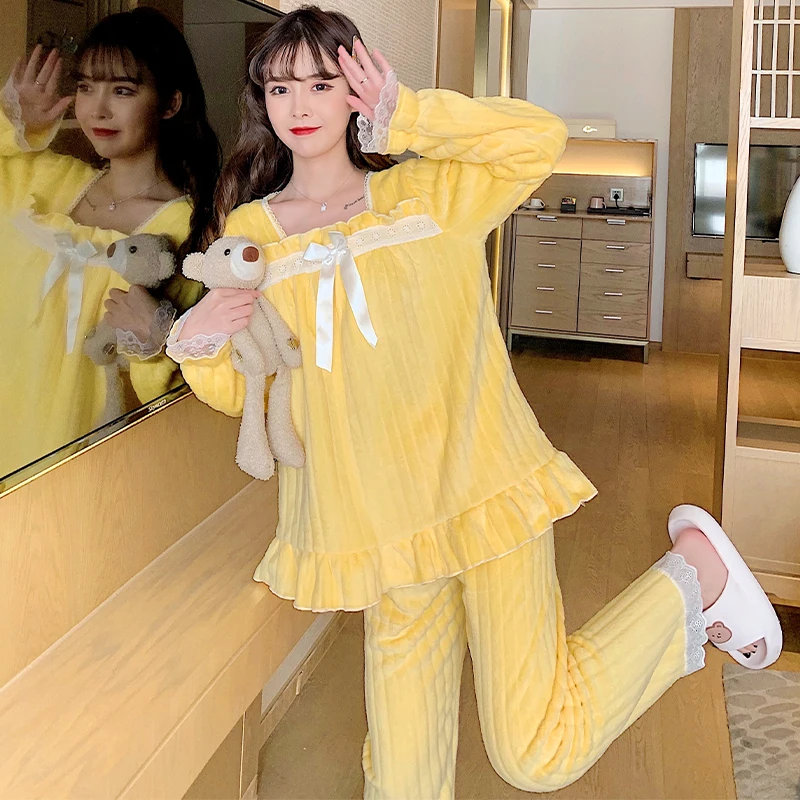 Fall Winter Long Sleeve Pajama Sets Women Cozy Fluffy Homewear Outfit Casual Sweet Bow Princess Flannel Students Thermal Heating