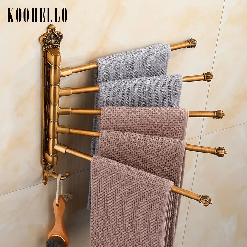 Bathroom Swivel Towel Bar with Hooks Wall Mounted Swivel Arm Towel Rack Antique Aluminum Towel Rail Holder with 2/3/4/5 Arms