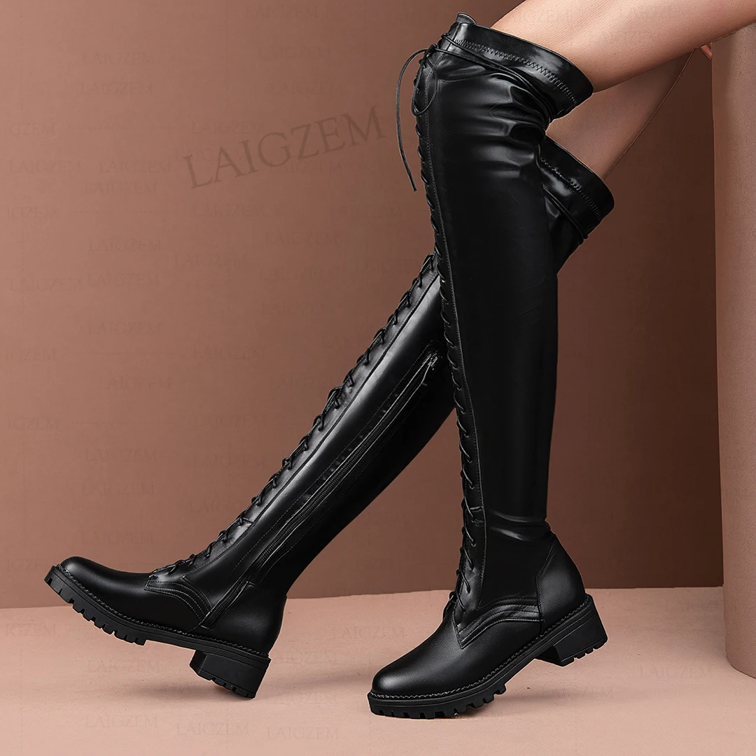 LAIGZEM Women Over Knee Boots/ Knee High Faux Leather Wide Calf Friendly Mid Heels Boots Side Zip Shoes Woman Big Size 41 46 50