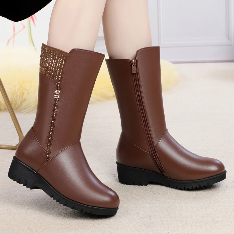 GKTINOO 2024 New Winter Cow Leather Boots For Women Shoes Wedges Inside Plush Wool Snow Boots Plus Size In-tube Boot Women Boots