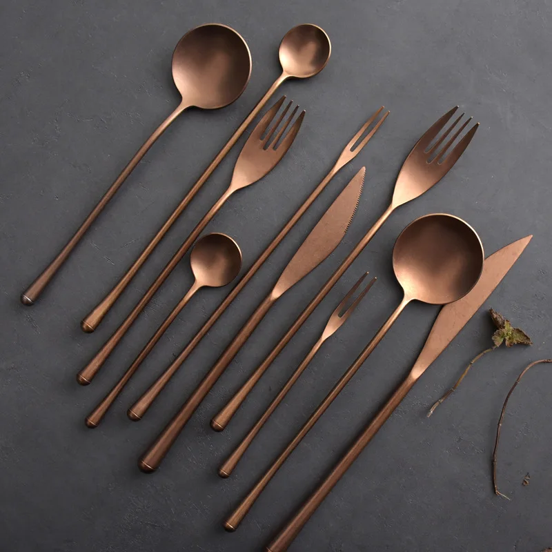 Japanese Style Old Western Tableware, Retro Steak Knife, Fork Spoon, Stirring Coffee Spoon, Rose Gold, 304 Stainless Steel