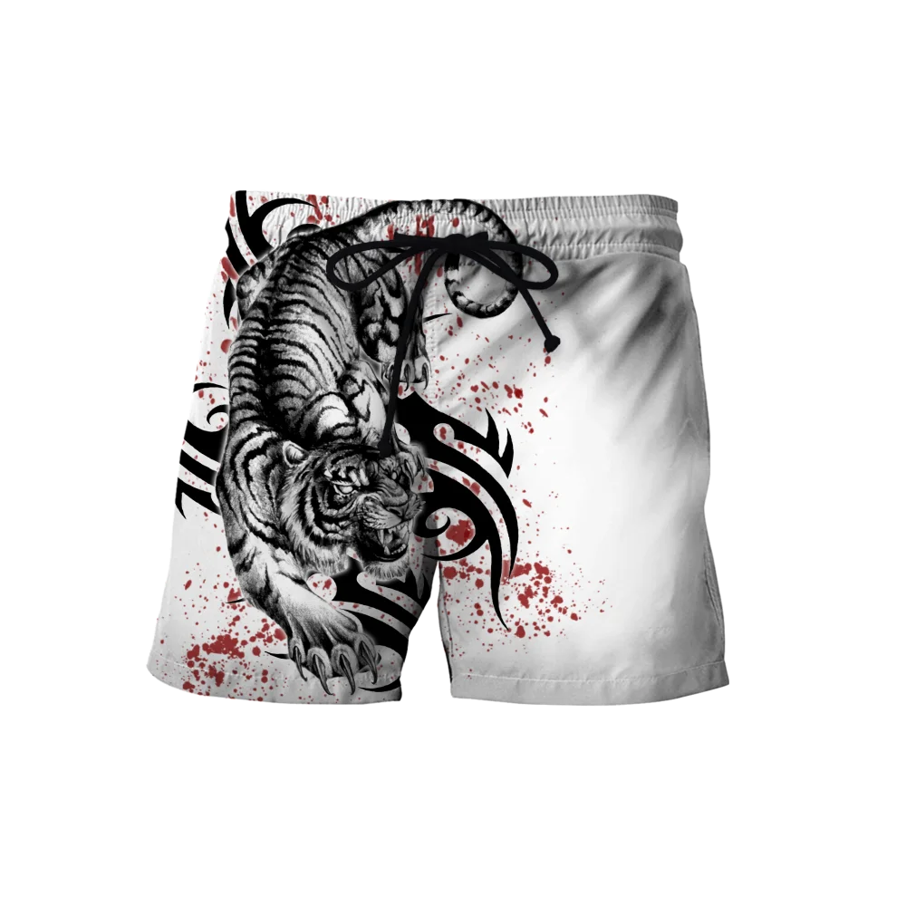 Mens Elastic Waist Shorts Tiger Lion Tattoo 3D Print Summer Beach Shorts Unisex Streetwear Harajuku Casual Quick Dry Baggys 3