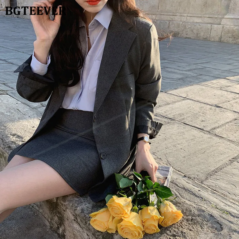 BGTEEVER Elegant Spring Women Skirt Suits Notched Collar Single-breasted Blazer & High Waist Mini Skirt Summer Female Blazer Set