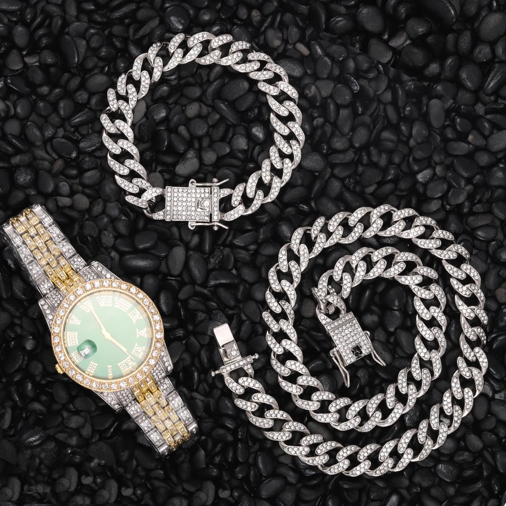 Necklace +Watch+Bracelet Hip Hop Miami Curb Cuban Chain Gold Iced Out Paved Rhinestones CZ Bling Rapper For Men Jewelry 20inch