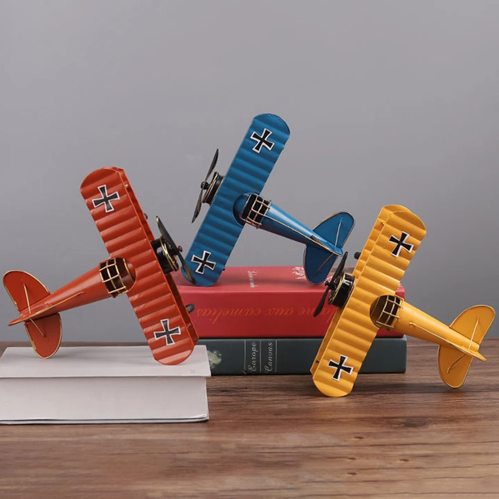 Vintage Biplane Model Mini Figurines for Home Decor Metal Iron Air Plane Model Aircraft Children Room Hanging Decor Kids Gift