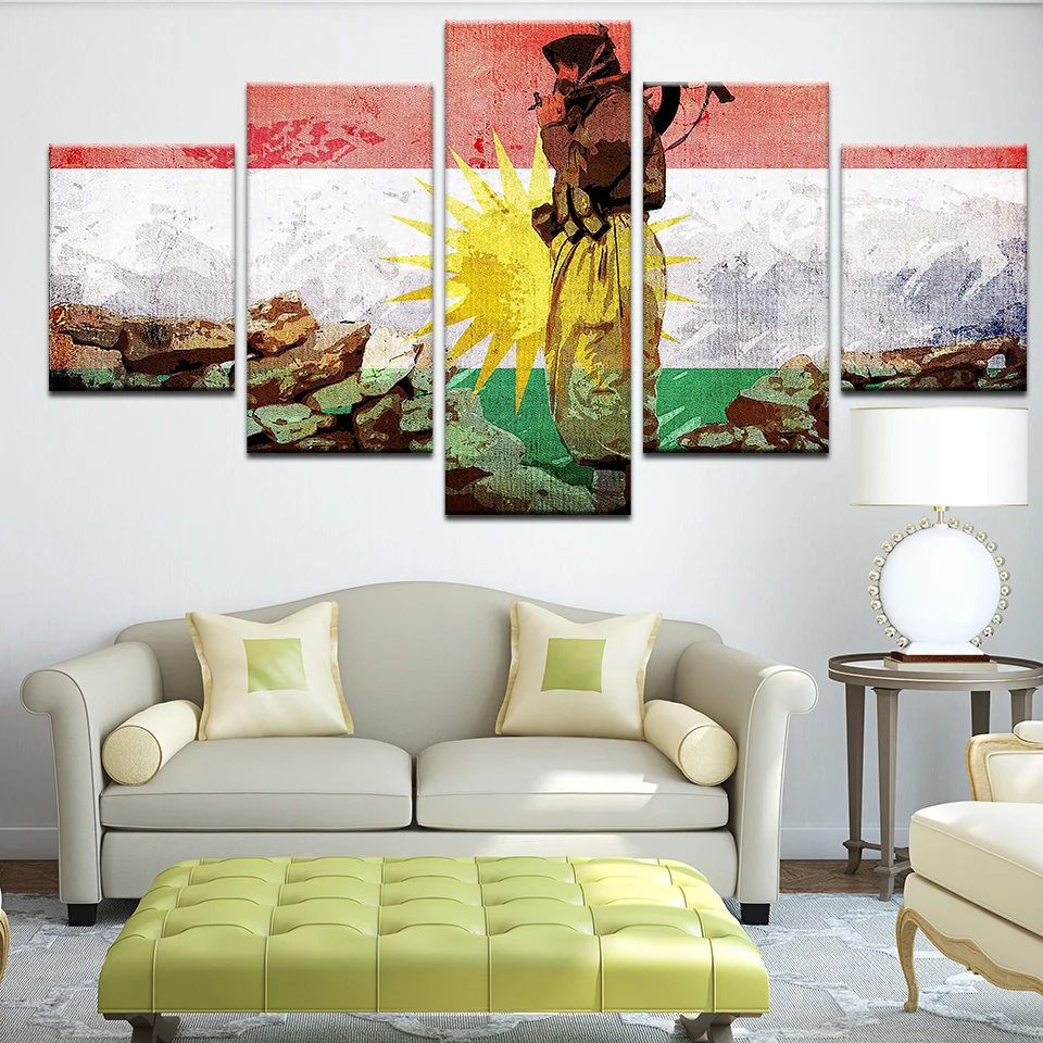 No Framed Canvas 5Pcs Abstract Kurdistan Soldier Flag Posters HD Wall Art Pictures Decoration Accessories Home Decor Paintings