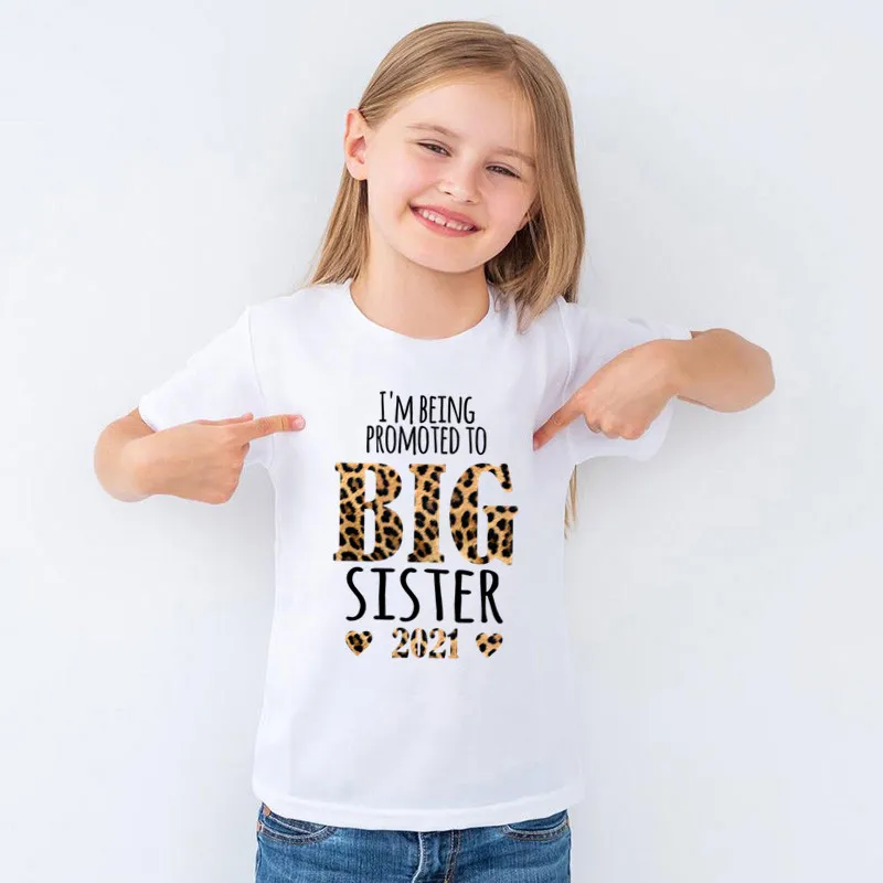 

Promoted To Big Sister 2021/ 2022 Leopard Print Girls T shirt Announcement Funny Kids Clothes Baby Tops Children T-shirt,HKP5431