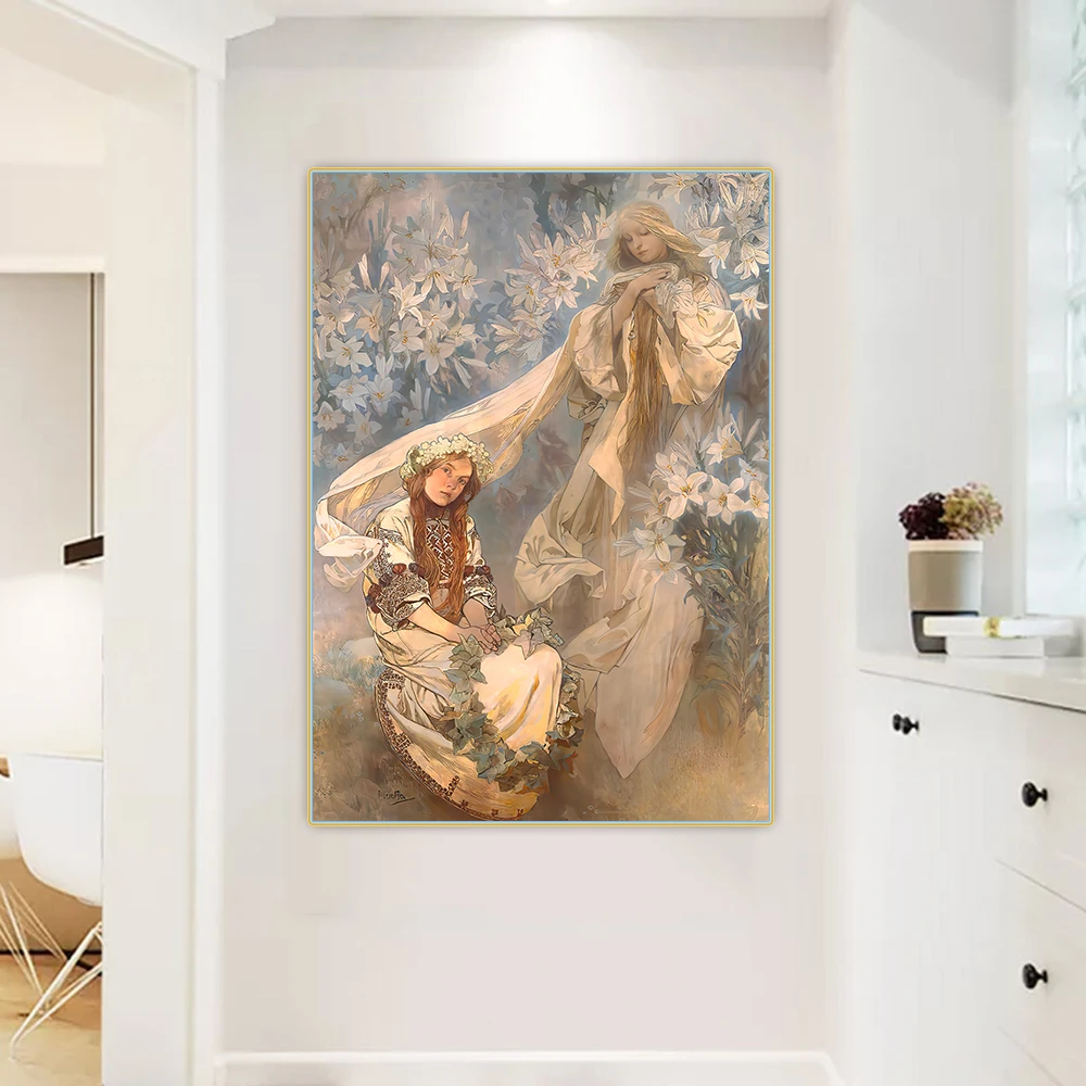 

Citon Alphonse Mucha《Madonna of the Lilies》Canvas Art Oil Painting Artwork Poster Picture Wall Decor Home Living room Decoration