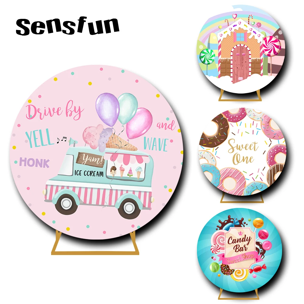 

Round Circle Candy Chart Ice Cream Bus Backdrop Photography Girl Baby Shower Newborn Sweet One Birthday Party Background