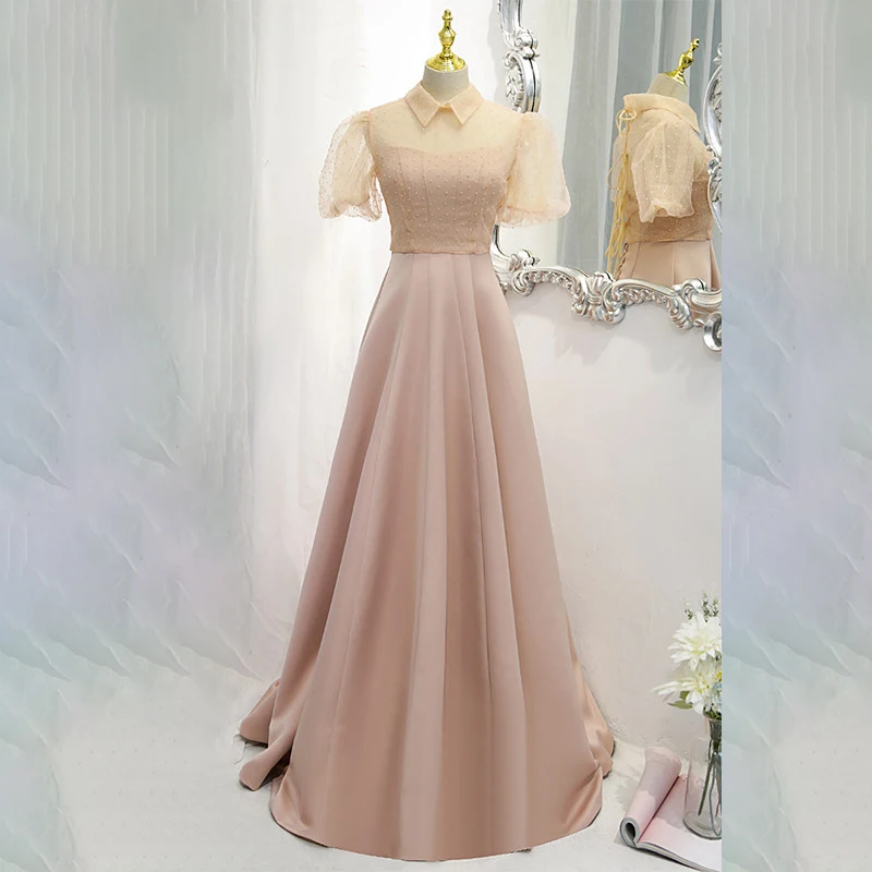 

Pink High Neck Evening Dress Fashion Empire Short Sleeve Floor-Length Lace Up A-Line New Satin Party Formal Dresses Woman B1328