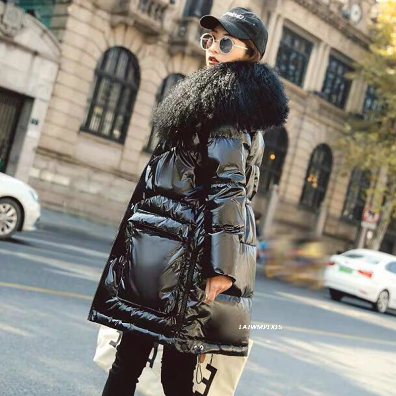 2022 Winter Down Jacket Women 90% White Duck Down Coat Parkas Patent Leather Glossy Outwear Real Lamb Fur Collar Thick Coat Y192