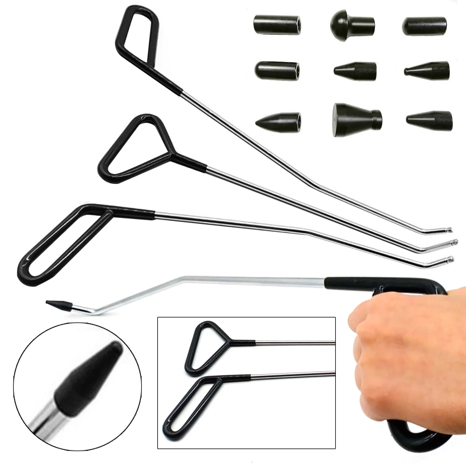 Paintless Dent Removal Tools Rods Hook Push Rod with 9 Pcs Taper Heads Repair Kits Hail Damage Set for Car Auto Body Dents