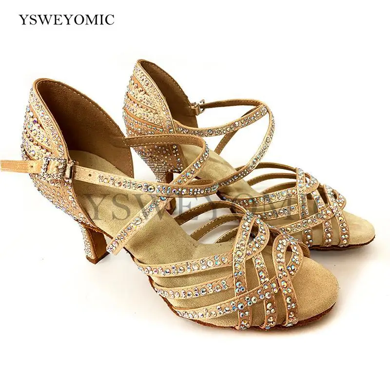 Elegance Latin Salsa Dance Shoes Flesh Khaki Satin Rhinestones Customized Heel 7cm Indoor Outdoor Women Latin Ballroom Shoes