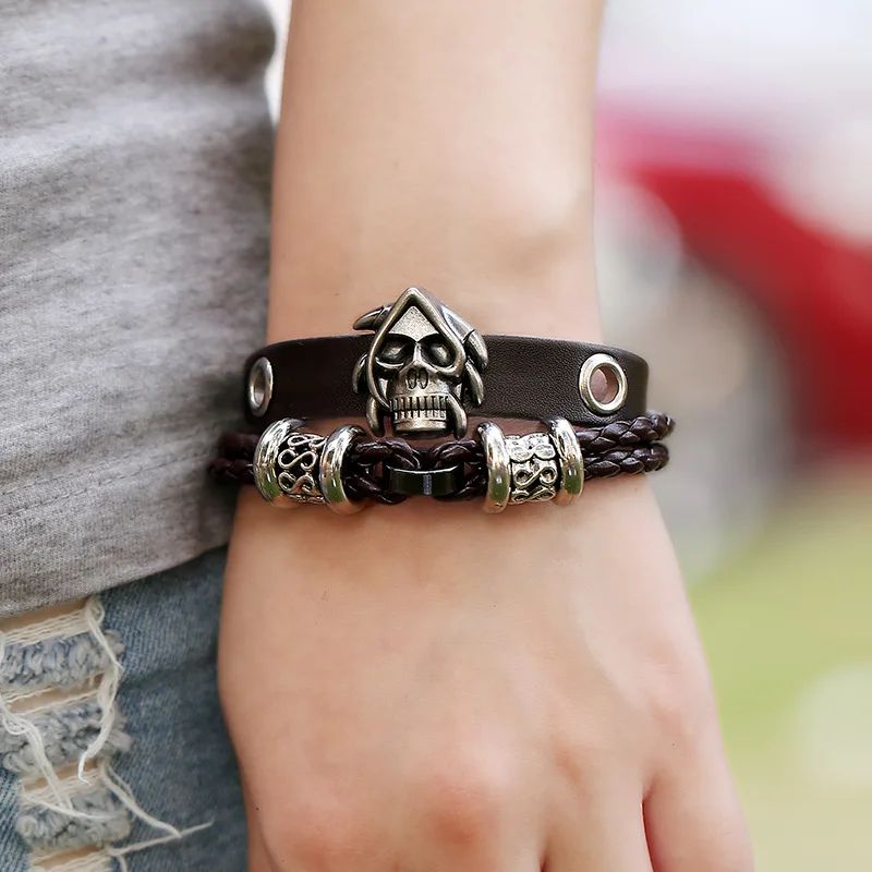 Vintage Retro Rivet Punk Cool Hip Hop Accessorie Bracelet Handmade Cowhide Skull Skeleton Viking Cuff Braid Bangles