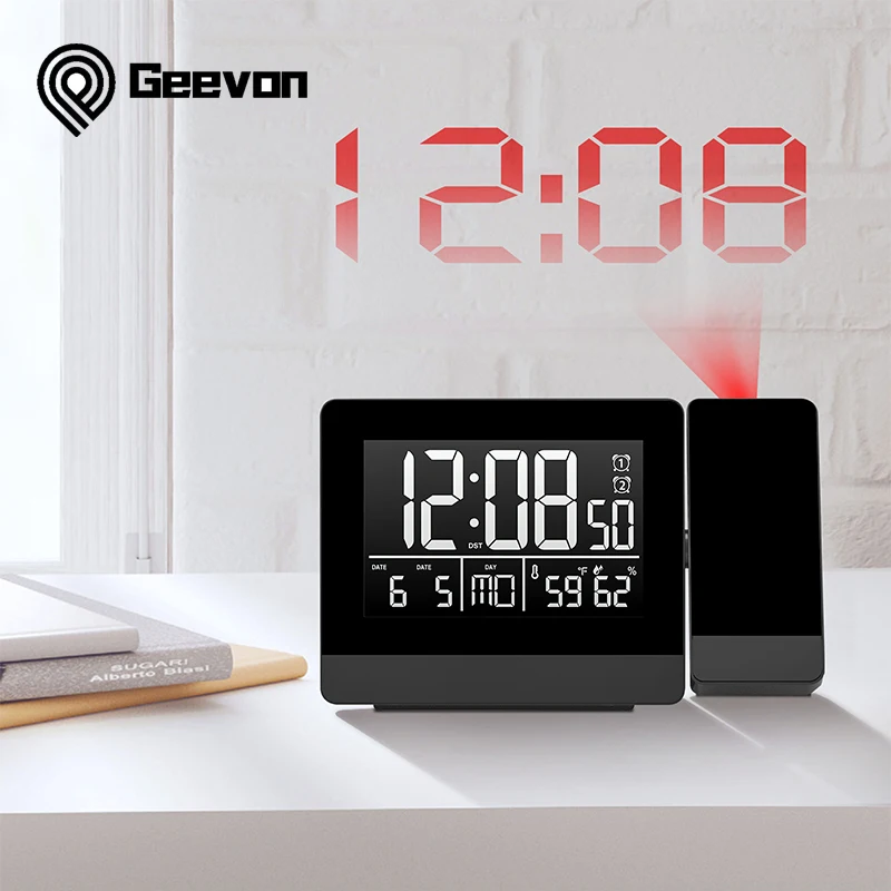 Geevon Projection Clock With Temperature And Humidity Table Watch USB Digital LED Date Snooze Function Projector Alarm Clocks