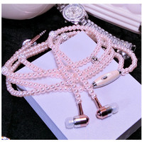 VAORLO Pearl Necklace Earphone 3.5mm In-Ear Pink Necklace Headphone With Mic For Sanxung Xiaomi Huawei Girl Birthday Present