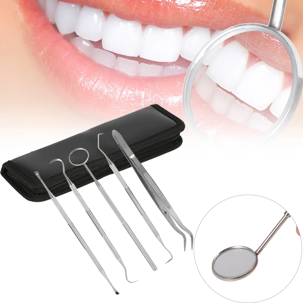 5PC Dental Oral Hygiene Stainless Steel Kit Mouth Mirror Sickle Scaler Teeth Care Cleaning Dentist Prepared Tool Probe With Case