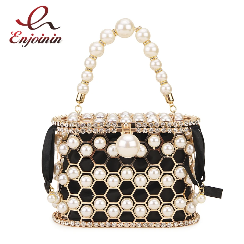 

Beaded Pearl Party Evening Clutch Bag for Women Purses and Handbags Designer Rhinestone Hollow Out Metal Ladies Wedding Bags