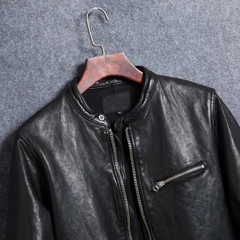 Vintage Mens Coat Stand Collar Washed Genuine Leather Outerwear Punk Zip Slim Fit Short Motorcycle Jackets Male Bomber Jackets