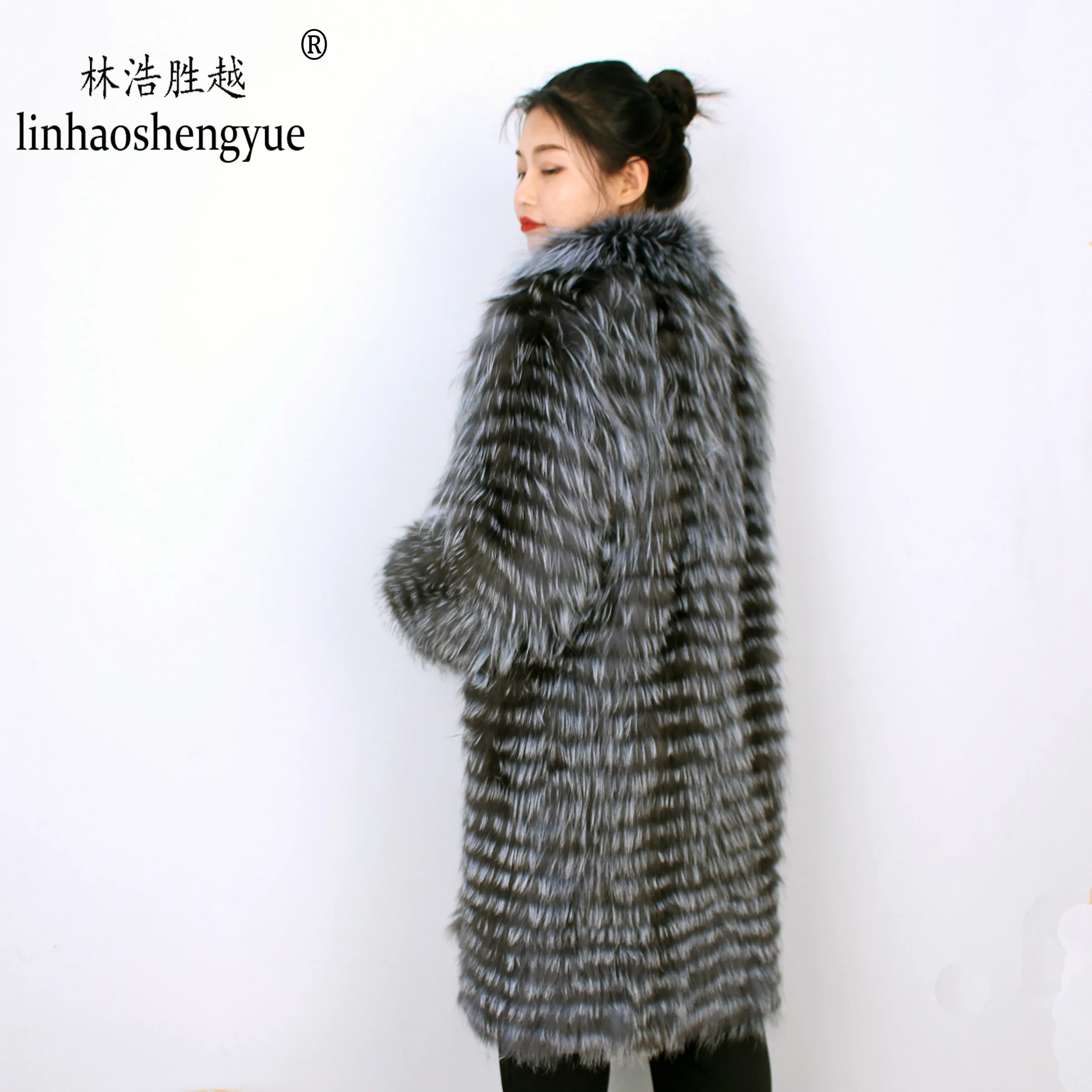 Linhaoshengyue  2020 NEW HOT   Fox Fur Long Coat Wool Knit Liner With Stylish Stand Collar