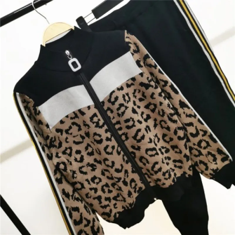 BLLOCUE 2020 New Winter Warm Women Leopard Zipper Sweater Cardigan Suits + High waist Chic Two Piece Pants Sporting Suits