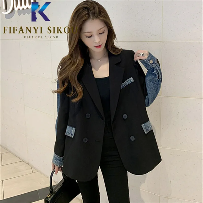 Denim Patchwork Black Blazer Jacket Women Double Breasted Fashion Spliced Suit Jacket Autumn Womens Loose Lapel Blazers Coat