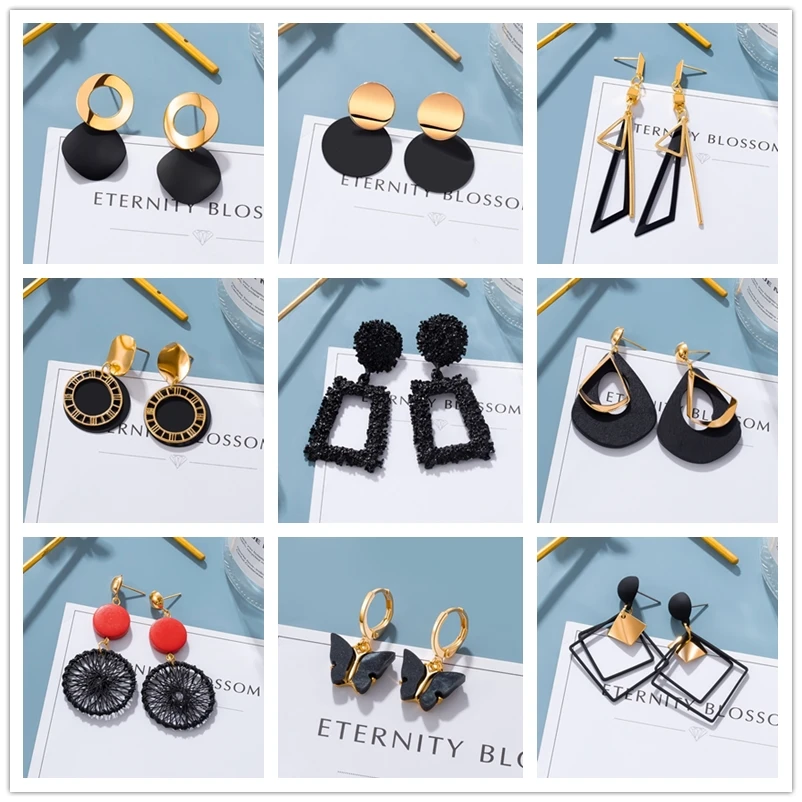 Cool Black Color Flower Drop Earrings for Women Geometry Round Heart Leaf Butterfly Crystal Brinco Party Jewelry Summer Gift