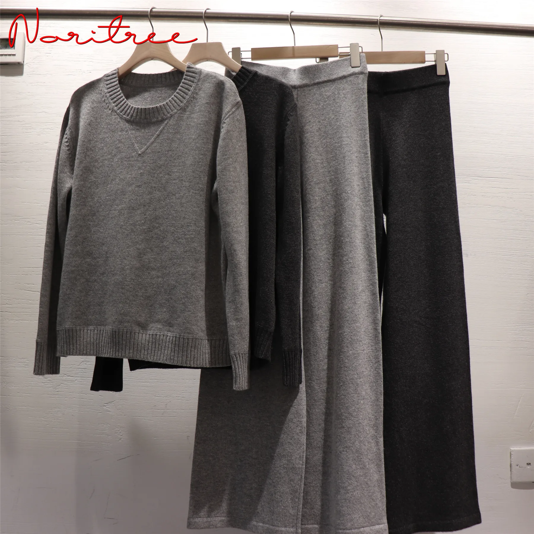 Luxury Two Pieces 45% Cashmere + 30% Wool Suits Female Soft Warm Mink Cashmere Knit Tops +  Wide Leg Wool Pant Sets wy529