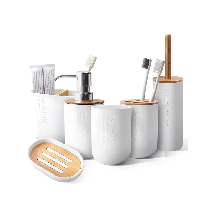 

6pcs Toilet Brush Bamboo Bathroom Set Emulsion Dispenser Toothbrush Holder Cup Soap Holder Bathroom Accessories Set