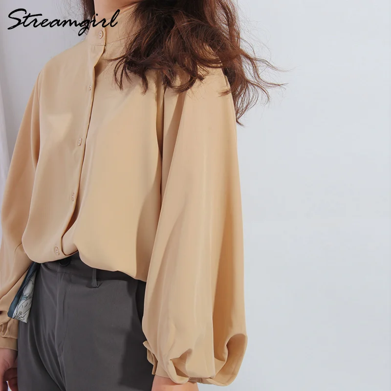 Streamgirl Women\'s Elegant Blouses Lantern Sleeve Chiffon Shirts Formal 2022 Spring Office Lady Stand-up Collar Shirts For Women