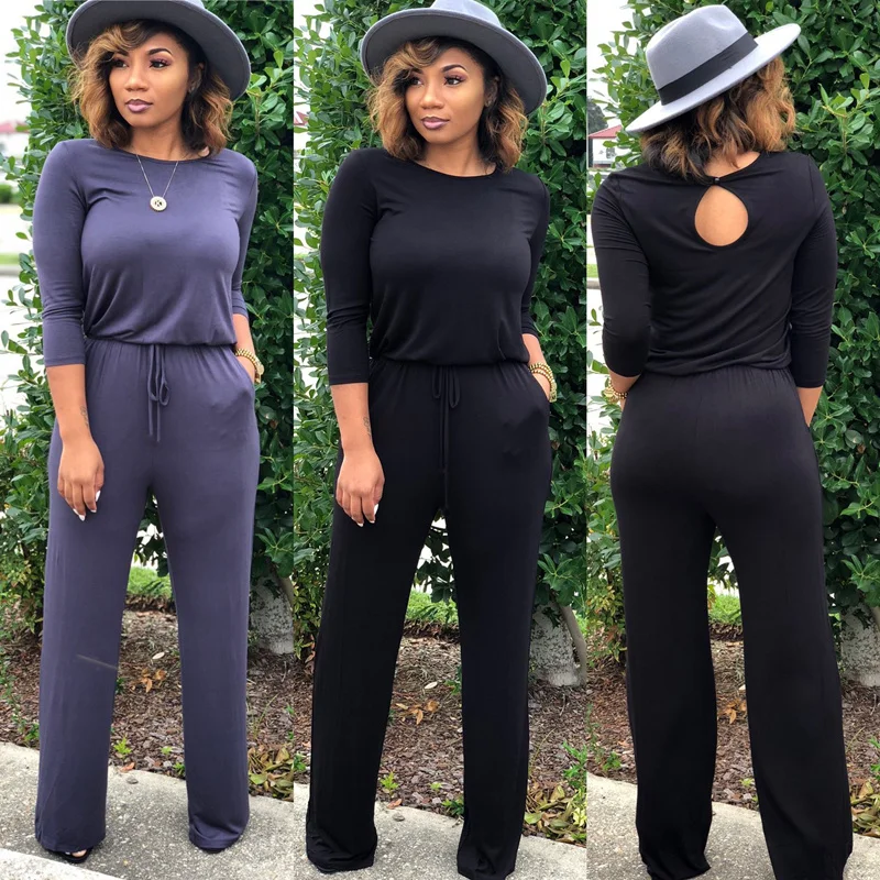 Wanita Fashion Soild Warna Lengan Panjang Longgar Kasual Jumpsuit Wanita Lebar Kaki Saku Rompers Overall Celana Panjang Satu Potong Pakaian