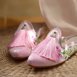 Tassel Ladies Slippers Chinese Tradition Style Slides Summer Flower Beijing Opera Cotton Ethnic Rubber Outside Lady Embroider