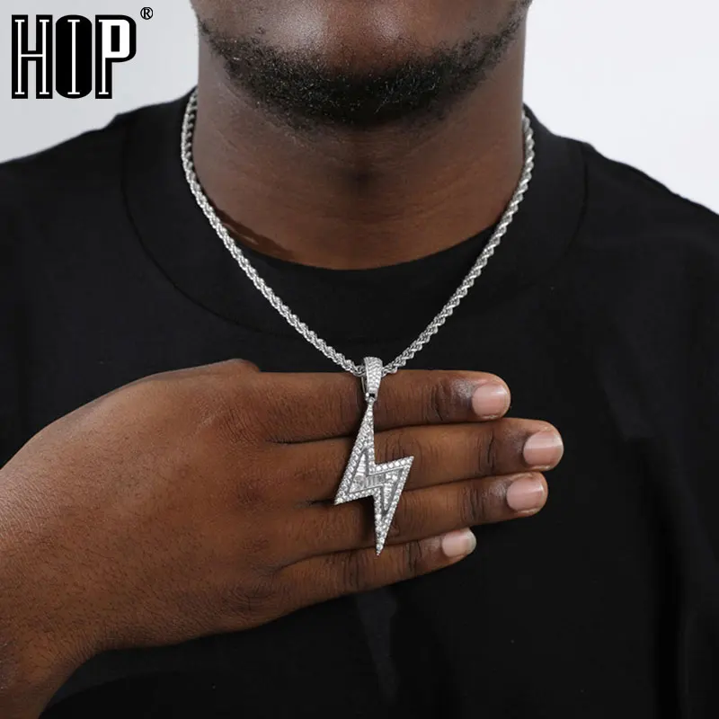 Hip Hop Bling Iced Out Micro Paved CZ Baguette lightning Pendants & Necklaces For Men Rapper Jewelry With Solid Back