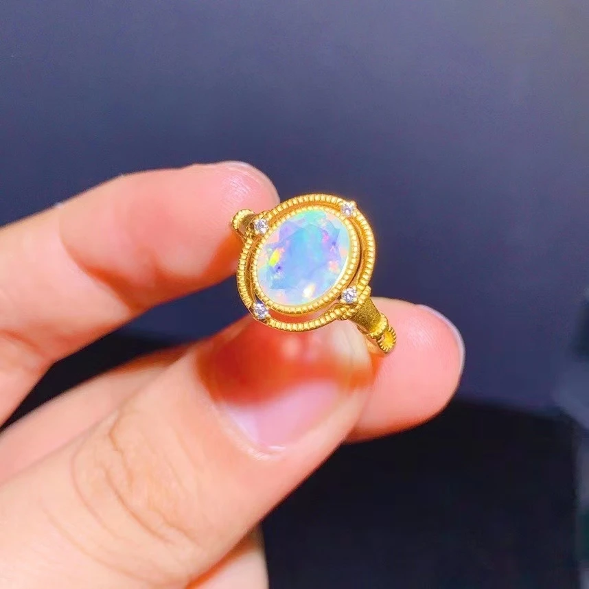 Beautiful natural opal ring for women real 925 silver yellow gold plated natural gem birthday party gift 7*9 mm size oval