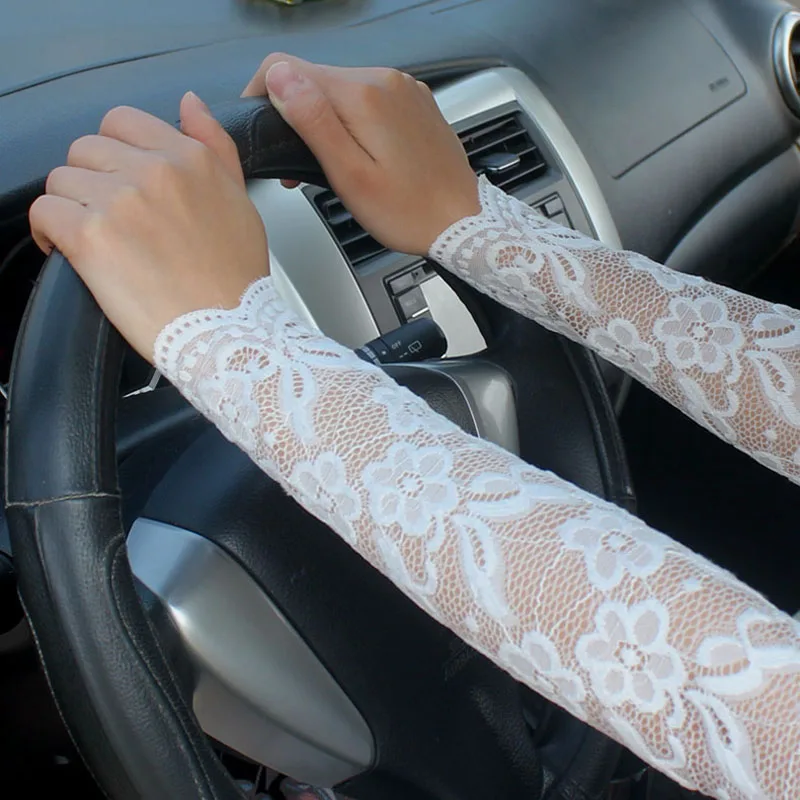 Summer Ice Silk Long Driving Arm Sleeves Sexy Lace Hollow Thin Elastic Women Cycling Anti-UV Covering Scars Sunscreen Gloves M55