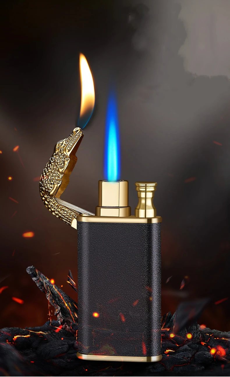 New Blue Flame Metal Crocodile Dolphin Double Fire lighter creative Direct Windproof Open Fire Conversion Lighter, Man\'s Gift