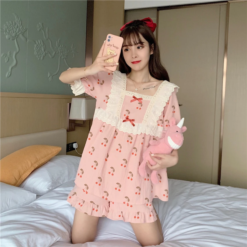 Japanese-Style Sweet Lace Cute Pajamas Women's Summer Thin Nightdress Casual Leisure Tops Shorts Two Piece Suit