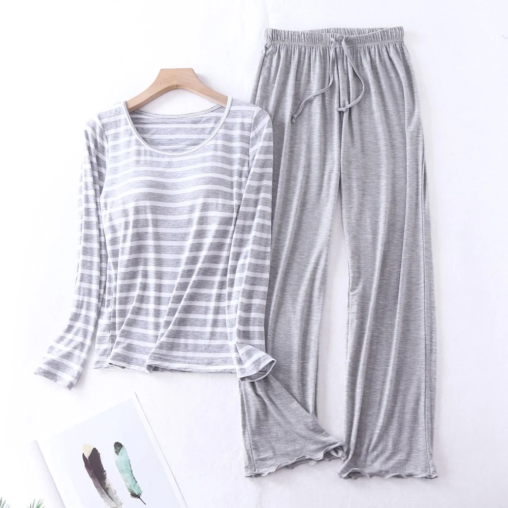 Cotton Pajamas Sets Women With Bra Pad Long Sleeve Striped Night Wear Cute Loose Pijama Mujer Sleepwear Autumn Winter Homewear