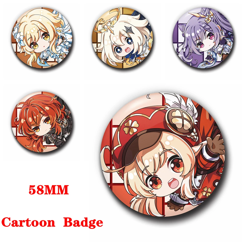 Anime Abzeichen Heiße Spiel Genshin Auswirkungen Cosplay Diy Zubehör 58MM Metall Brosche Projekt Klee Diluc Keqing Paimon Lumine Halloween