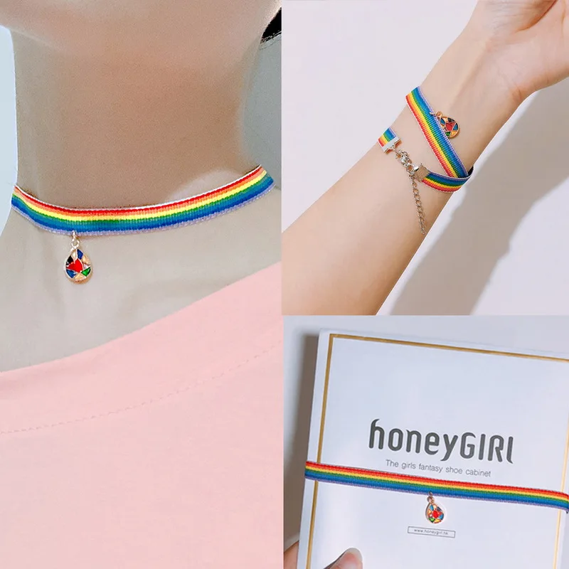 Charm Rainbow LGBT Choker Necklace for Women Couple Water Drop Moon Pendant Clavicle Chain Couple Lover Friendship Jewelry