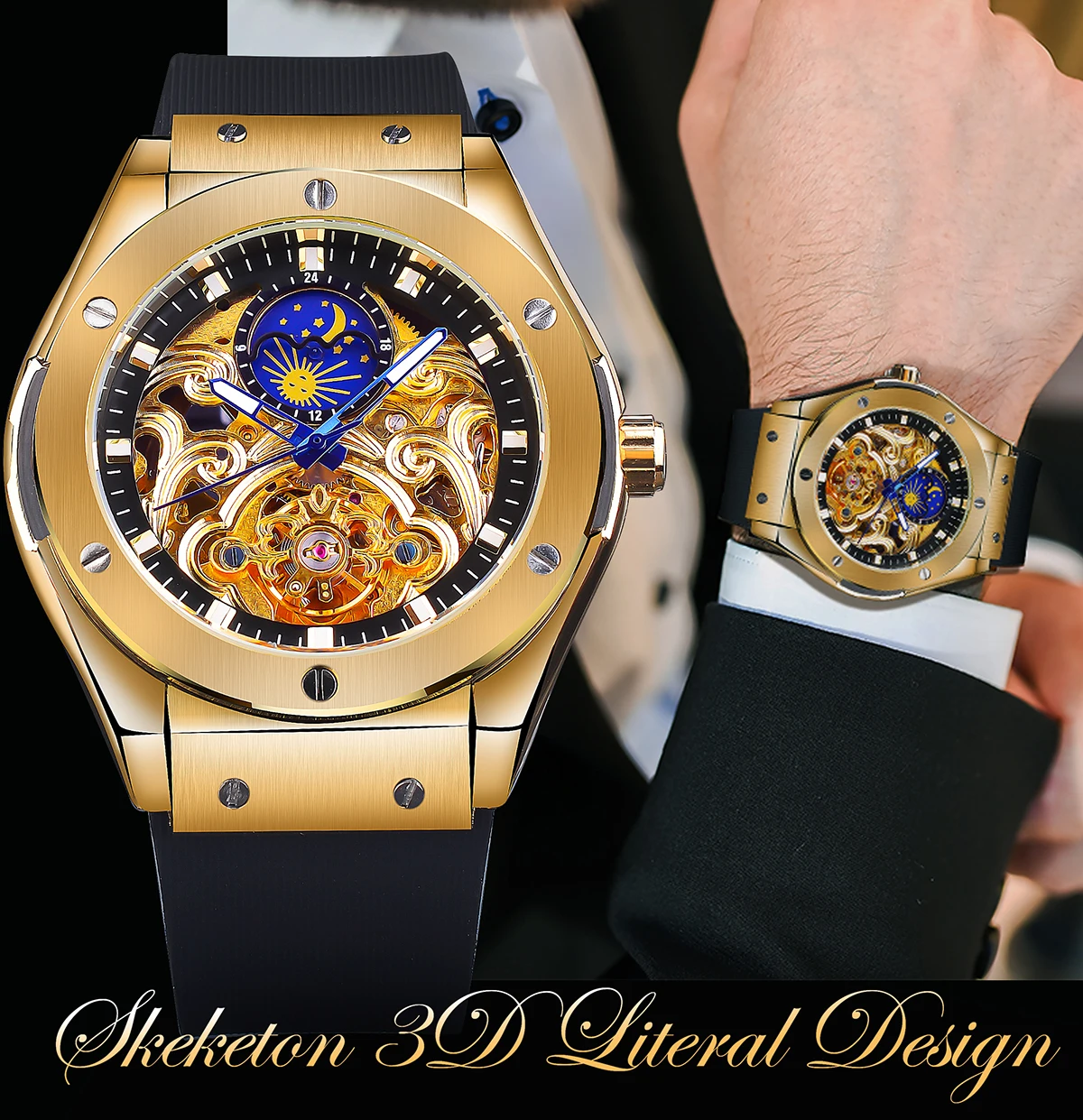 Forsining Royal Style Tourbillon Automatic Wristwatch Luxury Skeleton Mechanical Men Watch Silicone Strap Moon Pash Display Dial