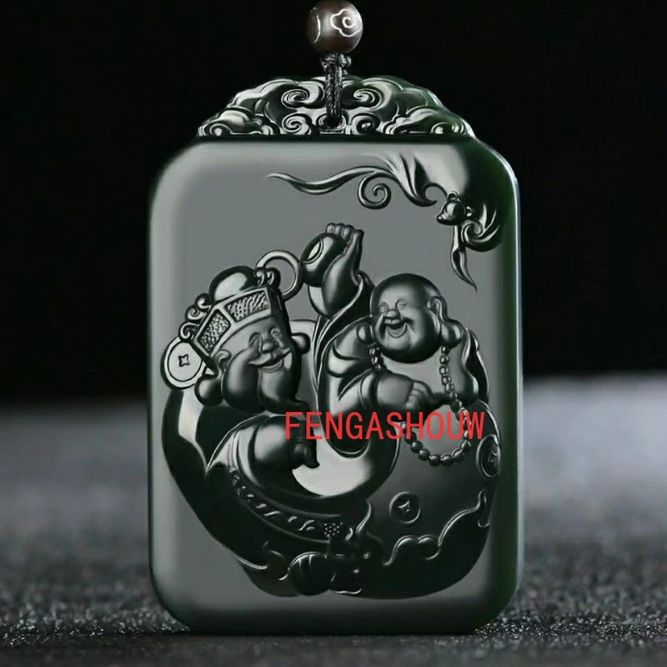 

Hetian Jade Cyan Double-sided Carving Maitreya Laughing Buddha God of Wealth Pendant Charm Jewellery for Men Fashion Accessies