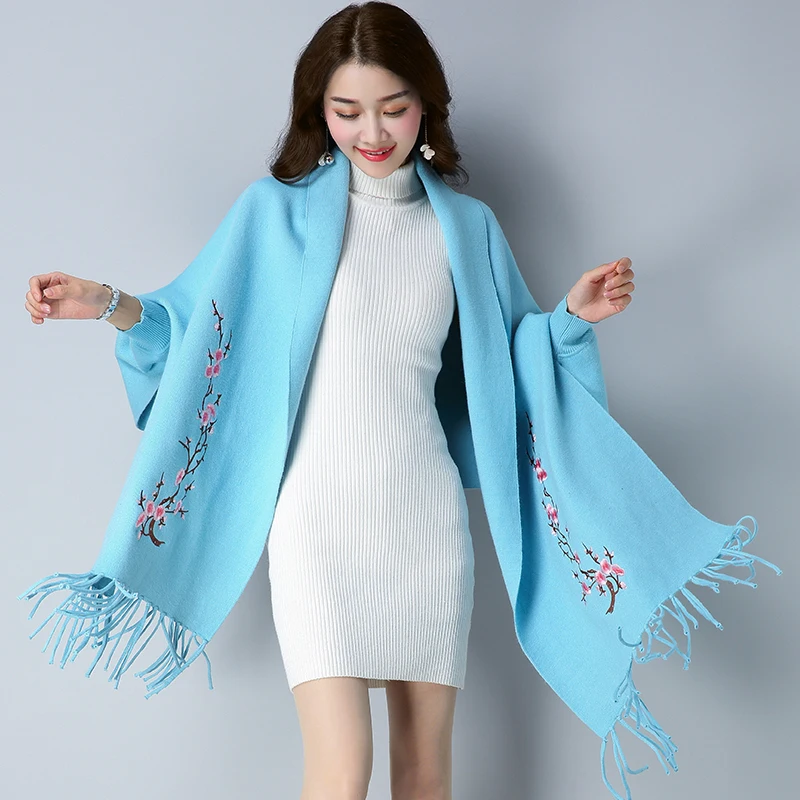 

Women's embroidery fringed shawl good quality batwing sleeve elegant ladies floral fringed party shawl sweater outwear