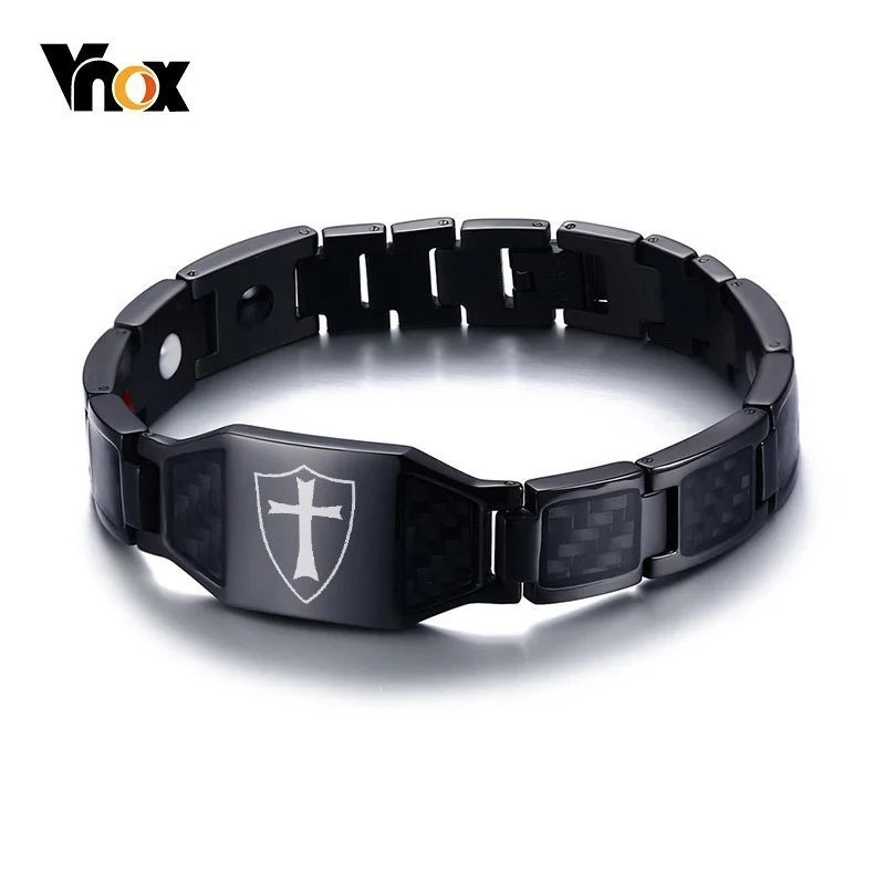 

Vnox Stylish Carbon Fiber Knights Templar Shield Bio Energy Bracelets for Men Cross Faith Therapy Male