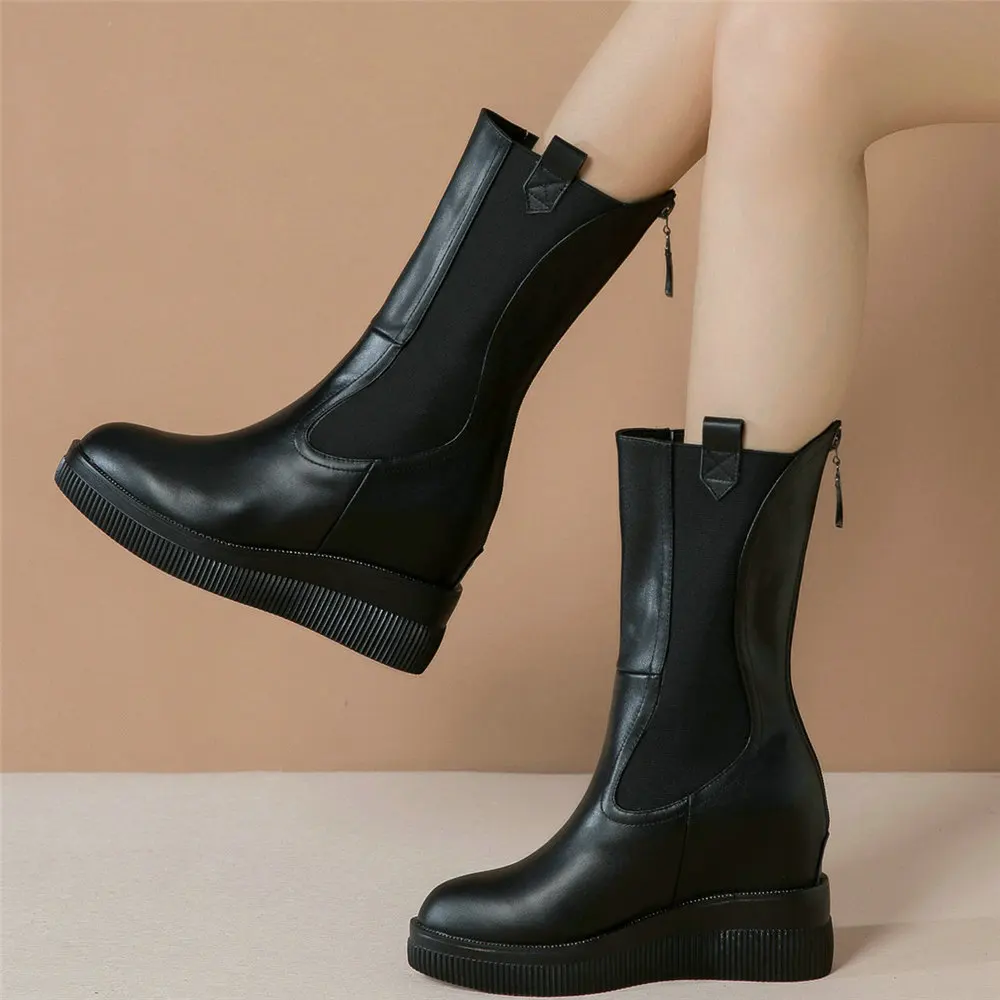 Platform Creepers Women Slip On Genuine Leather Wedges High Heel Riding Boots Female High Top Round Toe Pumps Shoes Casual Shoes