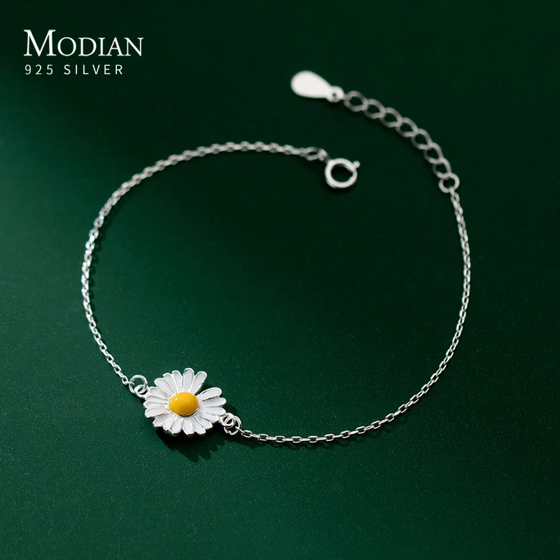 

MODIAN 925 Sterling Silver Enamel Daisy Plant Simple Link Bracelet Fashion Charm Chain Jewelry For Women Valentine's Day Gifts