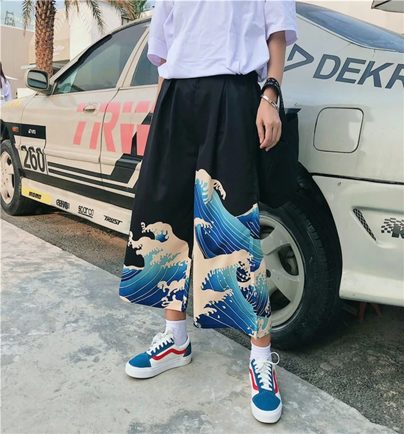 Unisex Man Woman Cropped wide-leg pants Japanese Style Harajuku Ukiyo Wave Print Casual Elastic Cartoon Leisure Loose Trousers