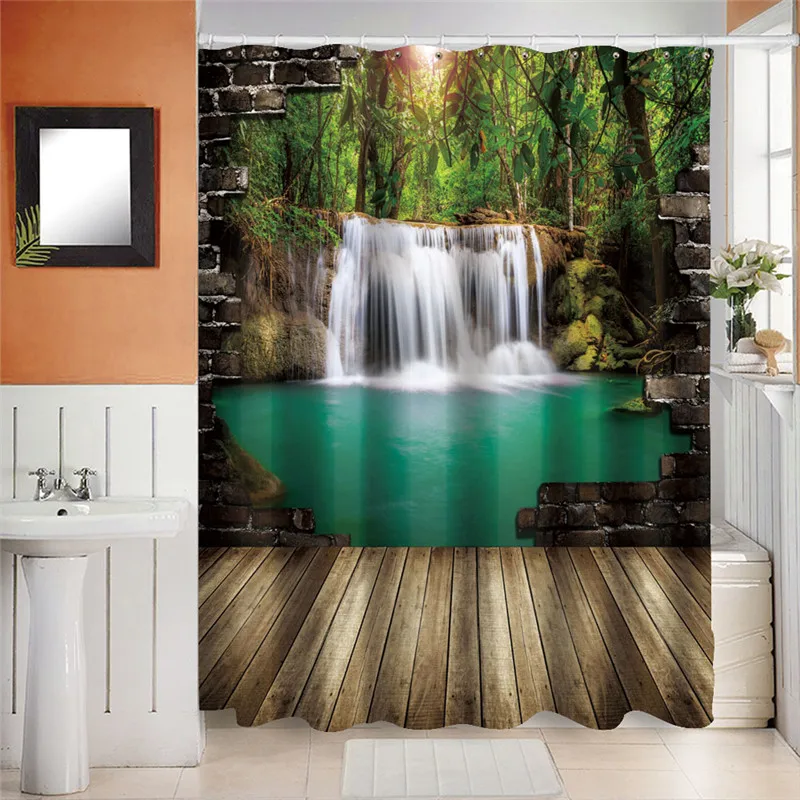 Wide Waterfall Deep Down in The Forest Seen from A Broken Wall Epic Surreal Decorative Shower Curtain Landscape Bathroom Curtain