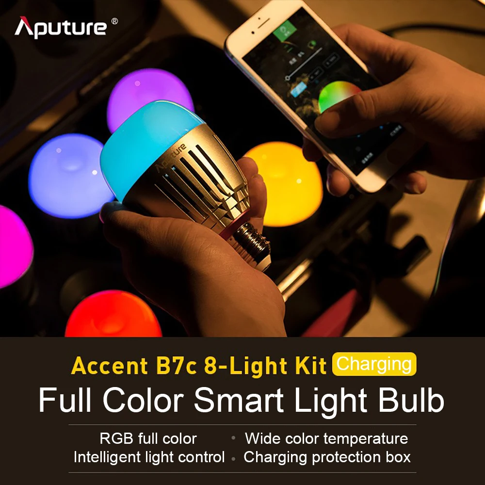 Aputure ACCENT B7C 8 LIGHT KIT 7W RGBWW LED Smart Bulb with Charging Box 2000K-10000K Full-Color Photography Camera Lamp