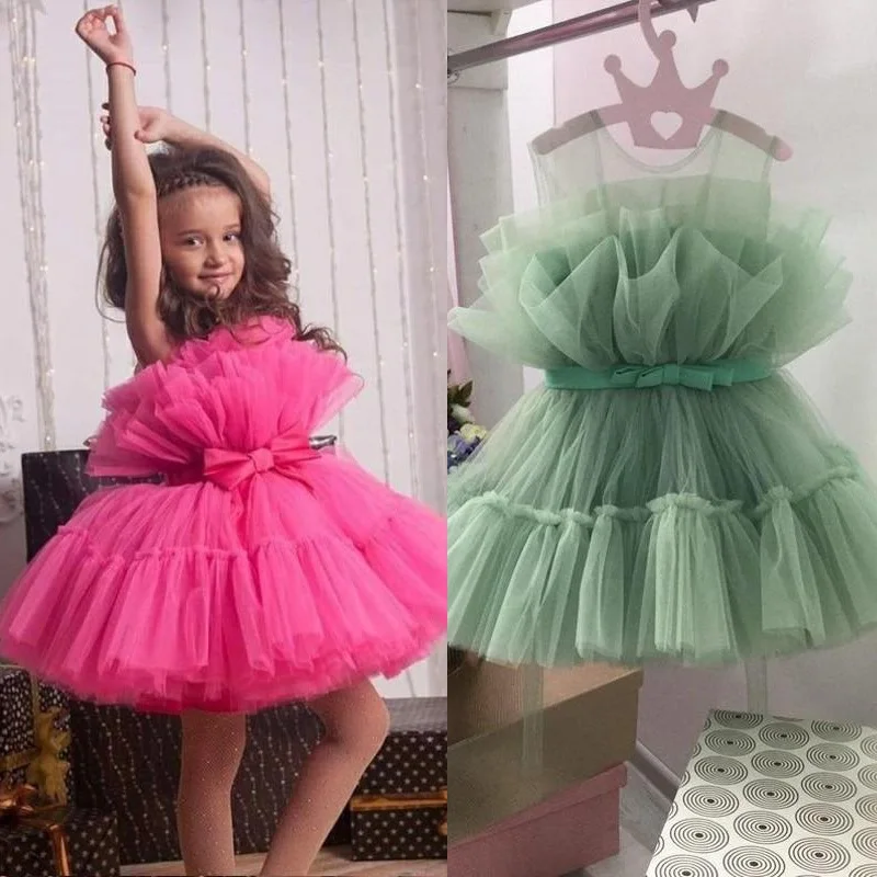 COCOMYLODY Süße Fuchsia Blume Mädchen Kleider Bogen Schärpe Puffy Tüll Kinder Pageant Ballkleid Kurze Kinder Geburtstag Kommunion Trägt